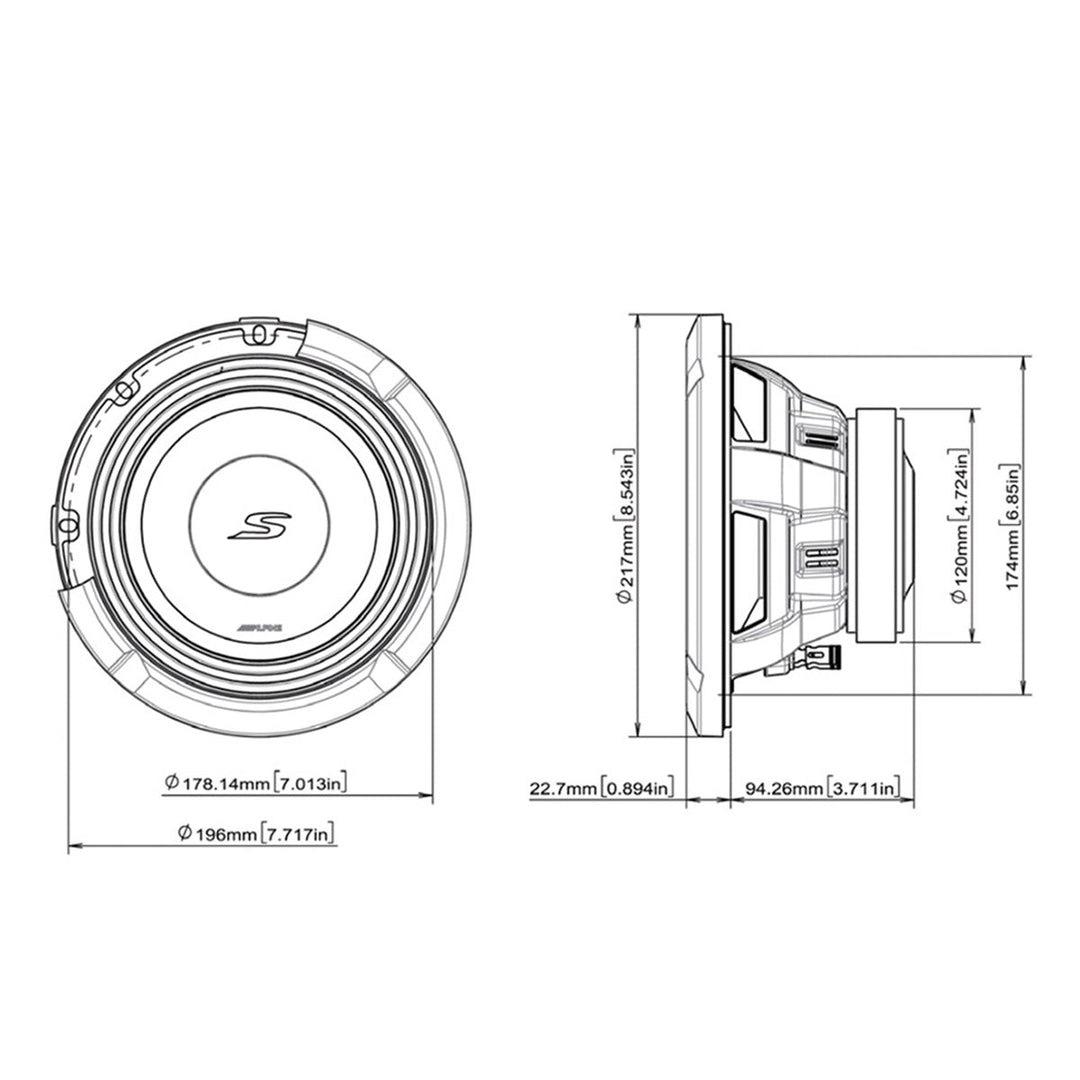 Alpine S2-W8D2 S-Series 8" 2-Ohm Subwoofer – Each – 150W RMS