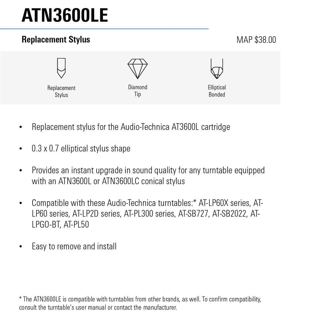 Audio-Technica Elliptical Replacement Stylus for AT-LP60X, Denon DP-300F, Sony PS-LX310BT ATN3600LE