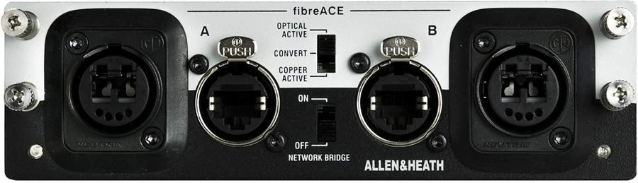 Shop the Allen & Heath FiberACE card for dLive systems. 128x128ch, 96kHz, ultra-low latency, dual redundancy, and fiber optic support. Available now!