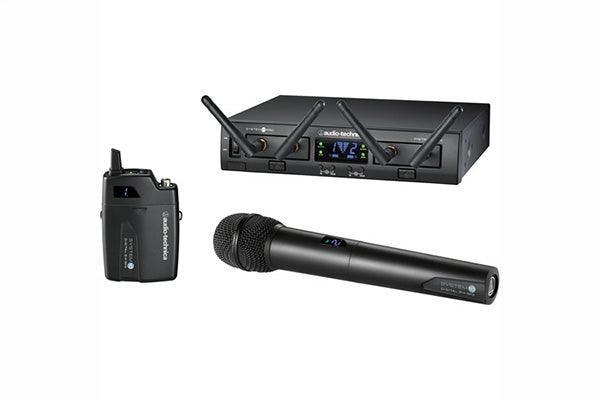 Audio-Technica ATW-1312 System 10 PRO Digital Wireless System includes: ATW-RC13 rack-mount receiver chassis, ATW-RU13 x2 receiver unit, ATW-T1002 handheld transmitter and ATW-T1001 UniPak transmitter