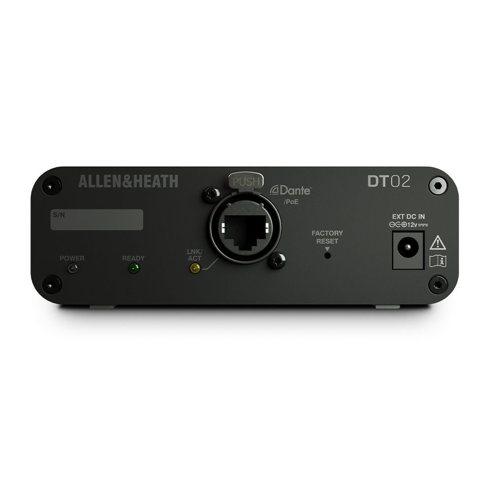 Allen and Heath 2out Dante output expander with XLR, PoE or DC, switchable 48kHz / 96kHz, surface mount ears, no power supply or rubber feet AH-DT-02-X